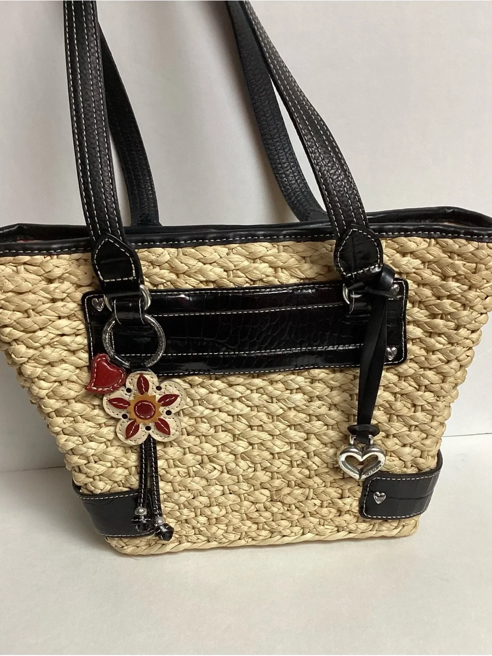 Brighton Handwoven Straw & Black Leather Handbag